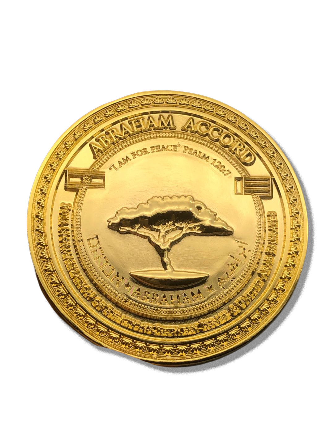 Abraham Accord commemorative challenge coin with acacia tree, Israeli and UAE flags, Psalm 120:7 quote, and polished gold-tone finish