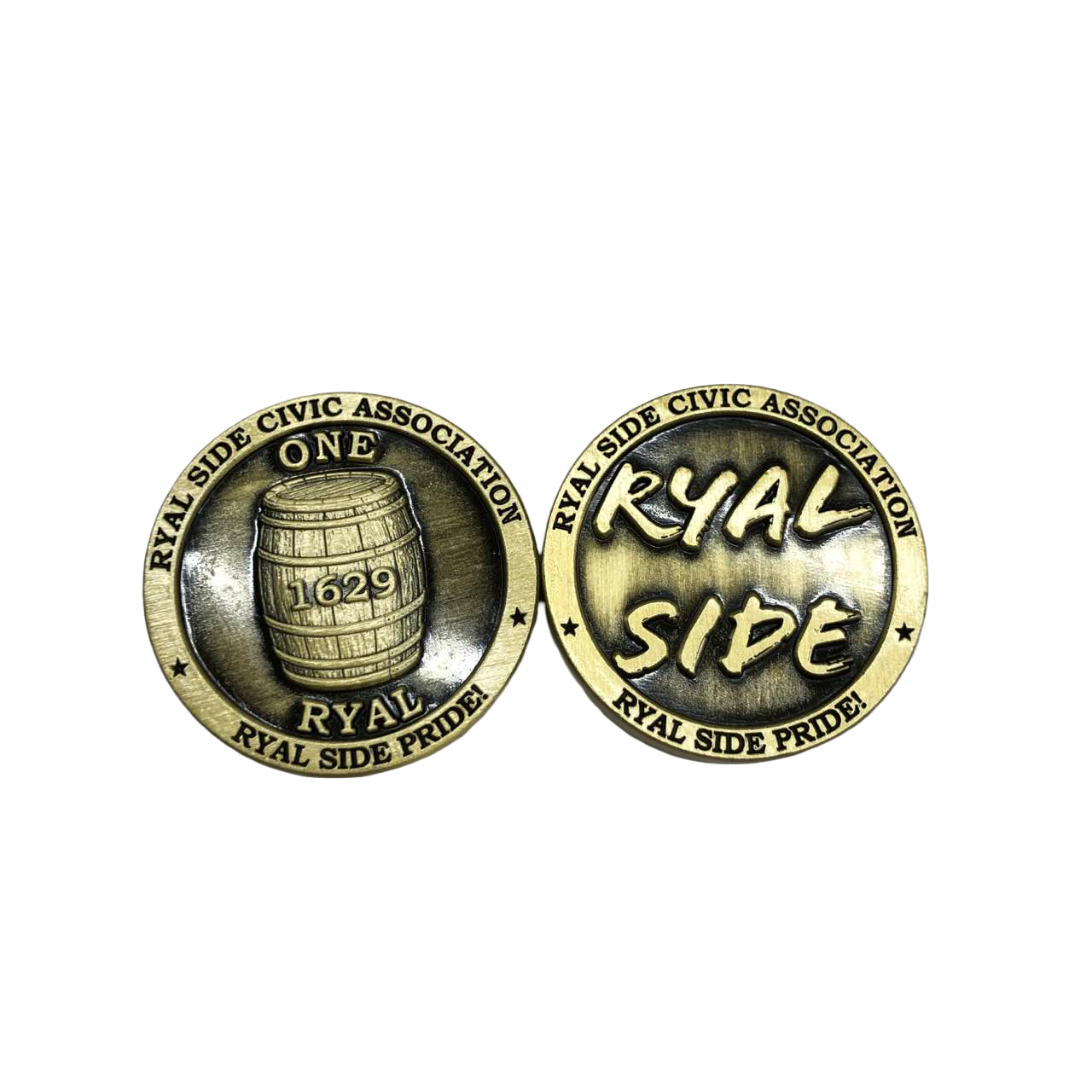 Pair of antique brass challenge coins for Ryal Side Civic Association showing a 1629 barrel design and Ryal Side Pride text on black background