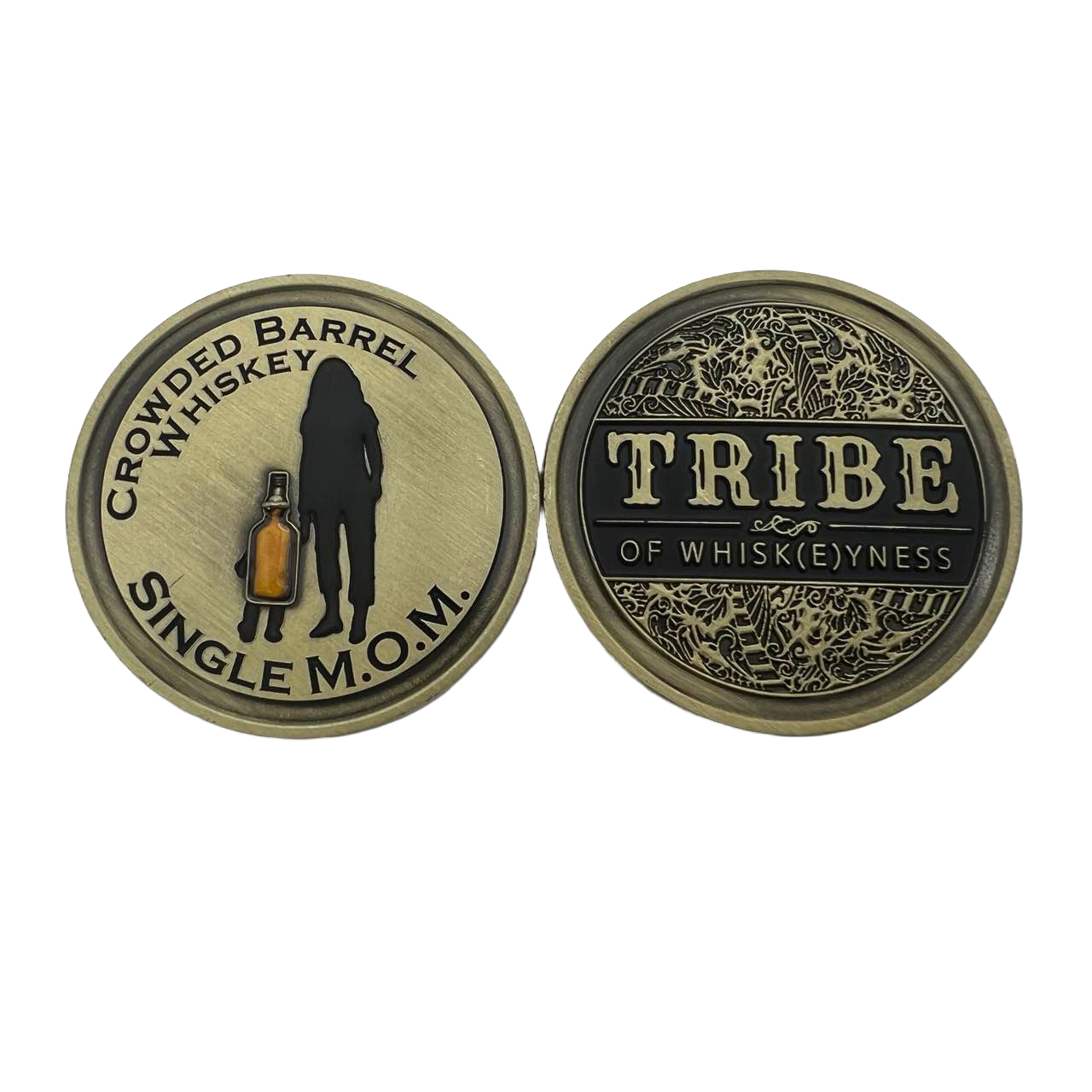 Antique brass Crowded Barrel Whiskey challenge coin with Single M.O.M. artwork and Tribe of Whisk(e)yness reverse in brushed metal finish