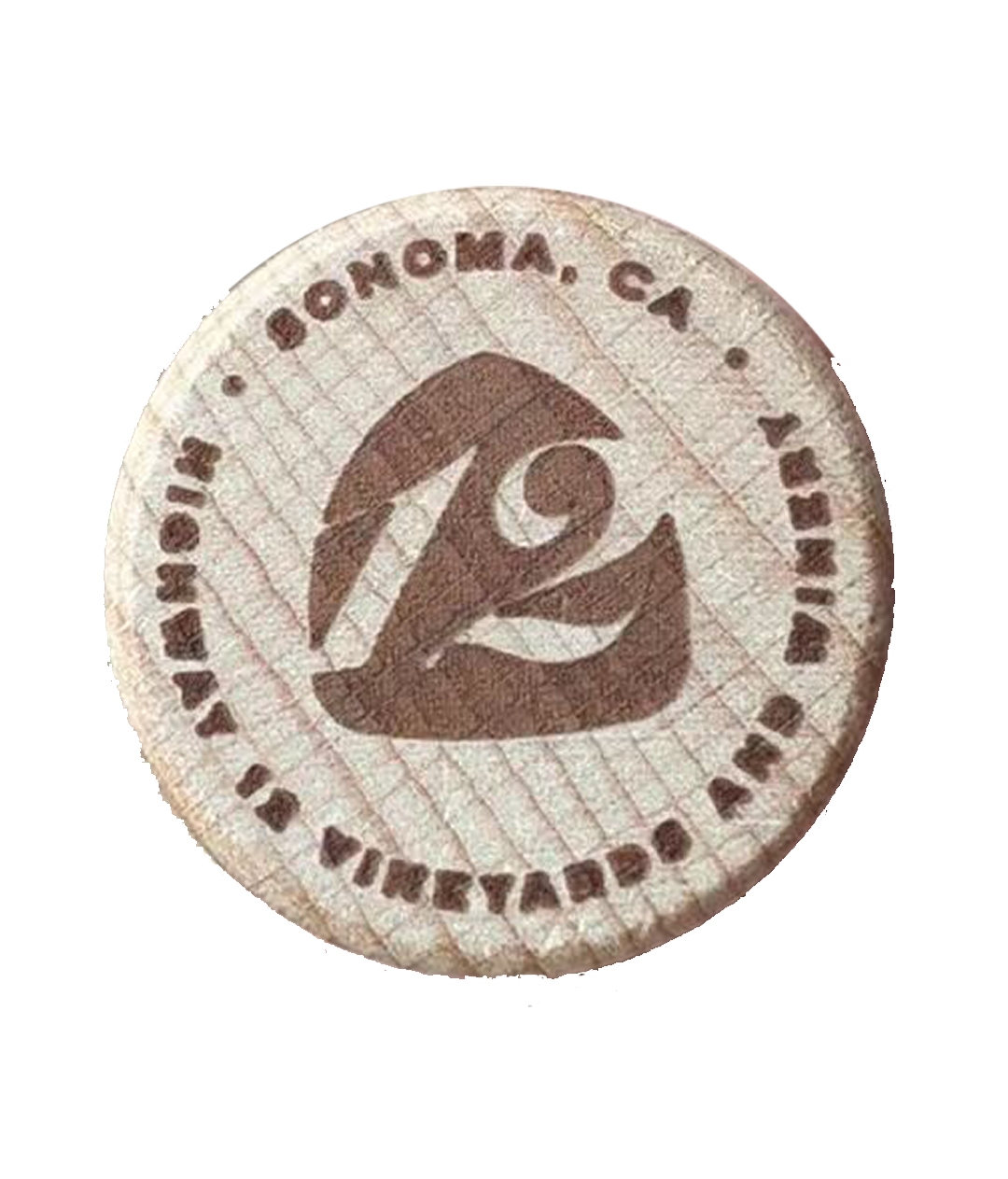 Custom laser-etched wooden wine bottle stopper for Highway 12 Vineyards and Winery Sonoma CA with stylized 12 logo
