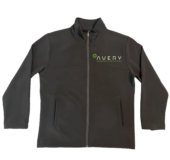 Charcoal gray full-zip custom softshell jacket with white and green Avery Renewable Resources logo on chest
