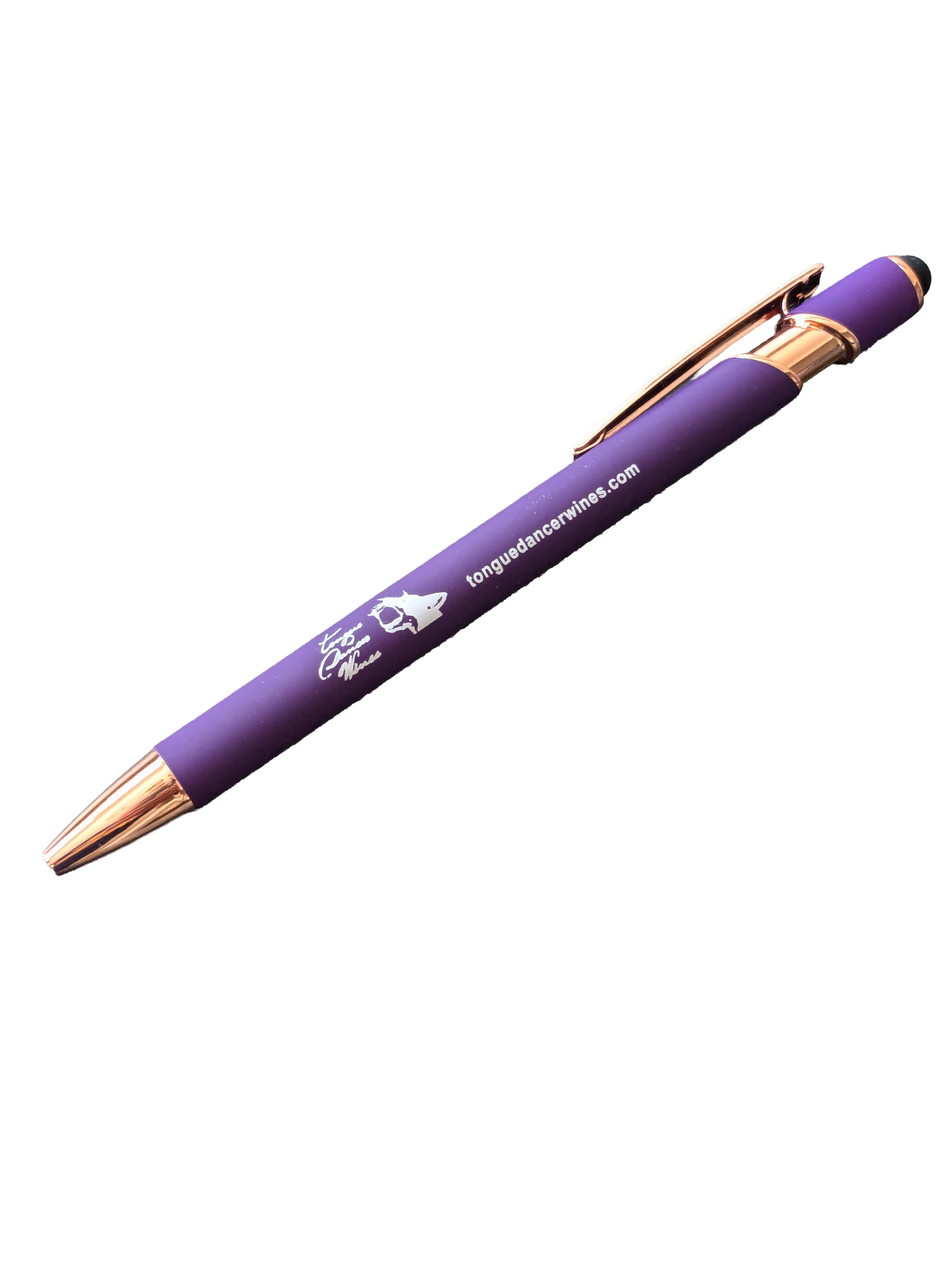 Tongue Dancer Wines branded promotional pen in matte purple with rose gold accents and touchscreen stylus tip