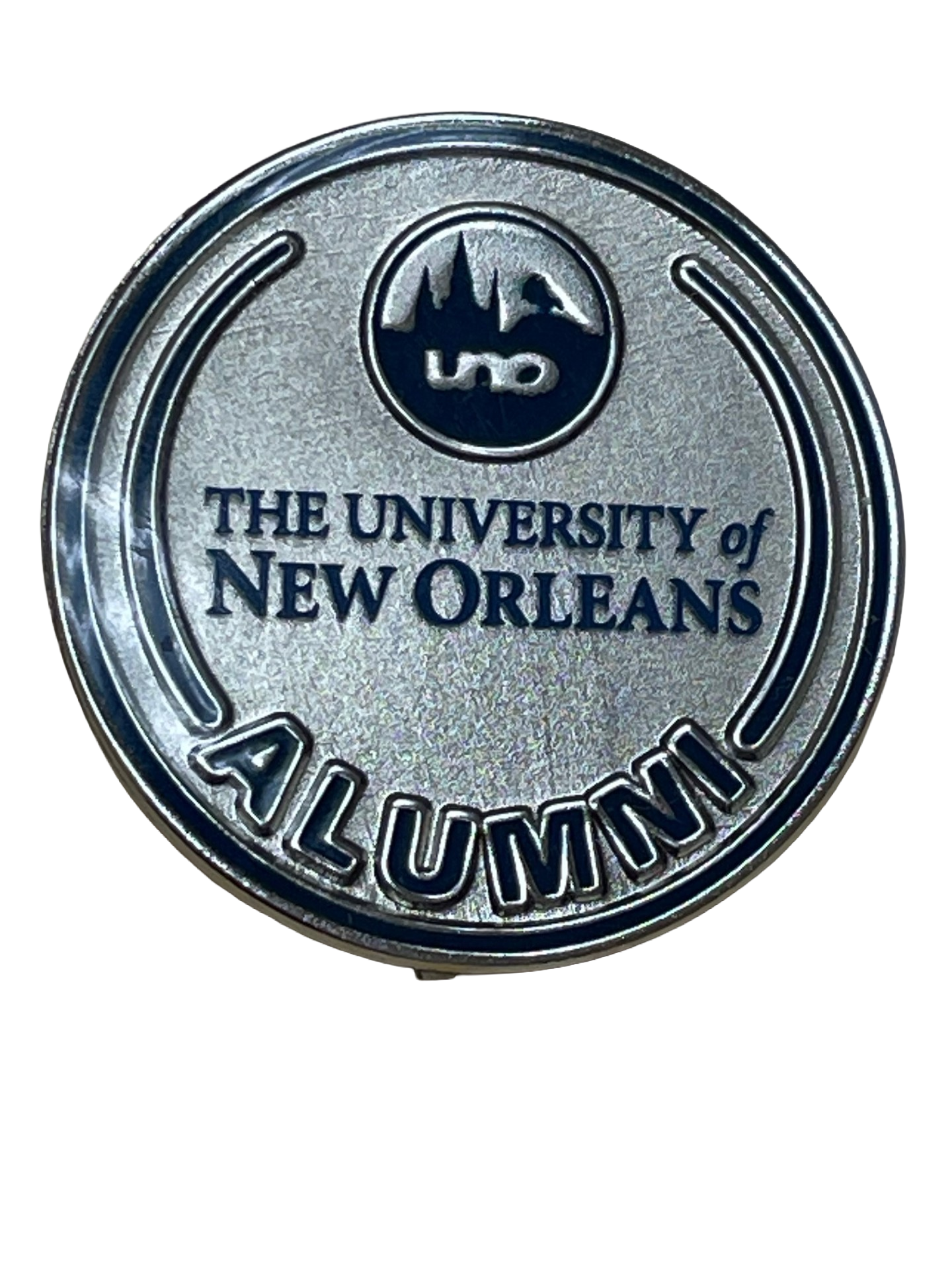 Custom silver University of New Orleans alumni medallion with blue enamel lettering, UNO logo, and Alumni text for promotional and commemorative use